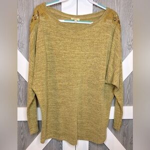 B14.20 KORI Casual Knit Sweater Cutout Lace Shoulder Accent Gold Mustard Large